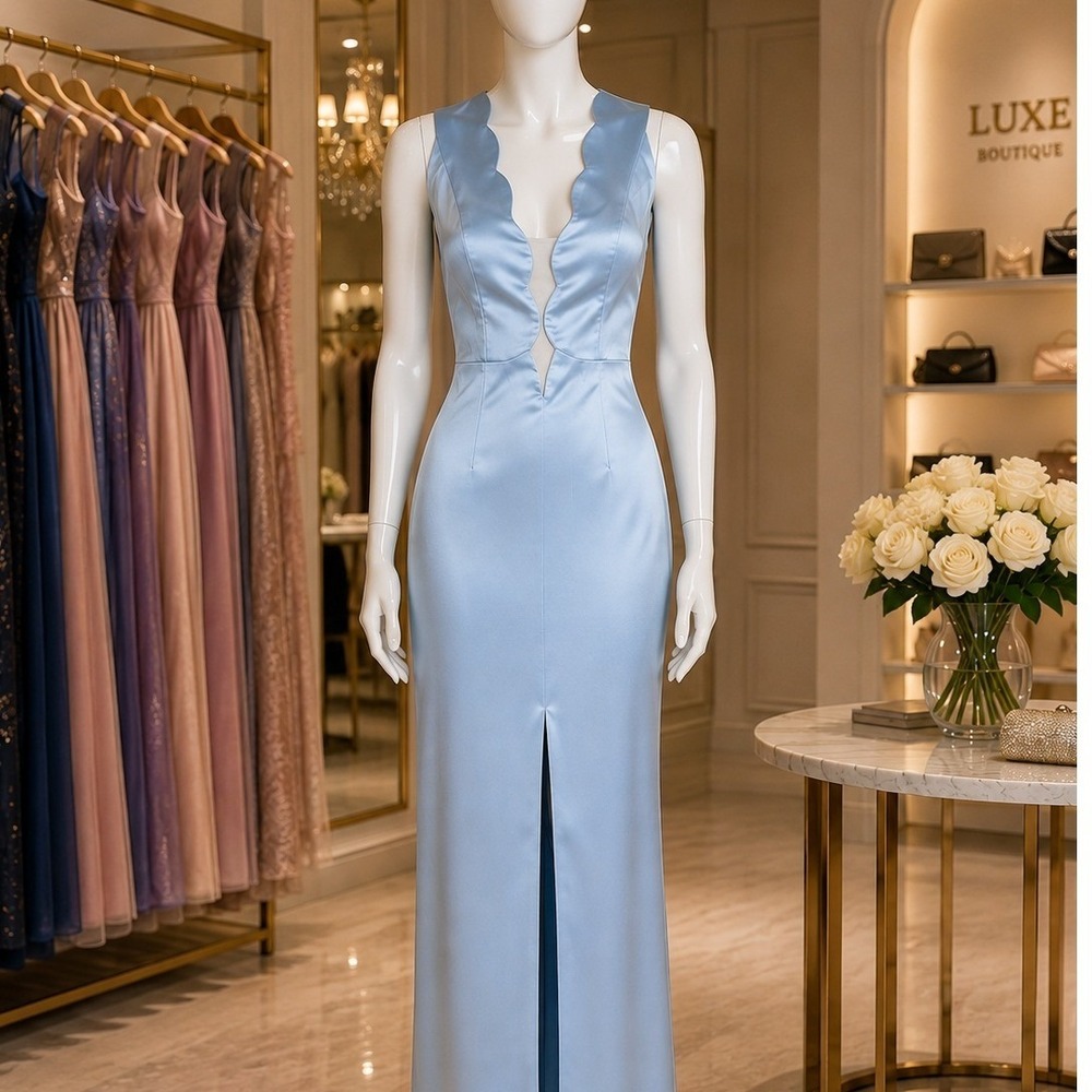Commense Light Blue Sleeveless Formal Dress Scalloped V Neck Slit Occasion XS - Picture 5 of 17